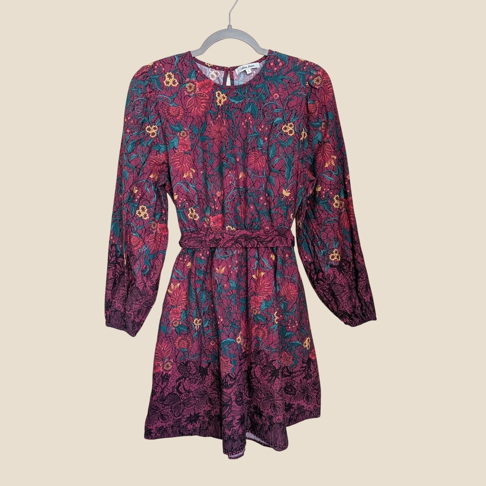 Celina Moon Floral Cotton Boho Belted Mini Dress Long Sleeve Burgundy Large